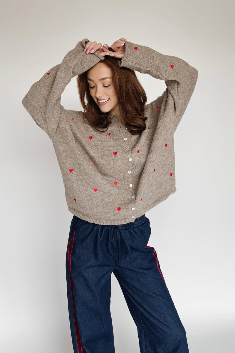 The Riggs Heart Embroidered Button-Down Sweater in Mocha + Red