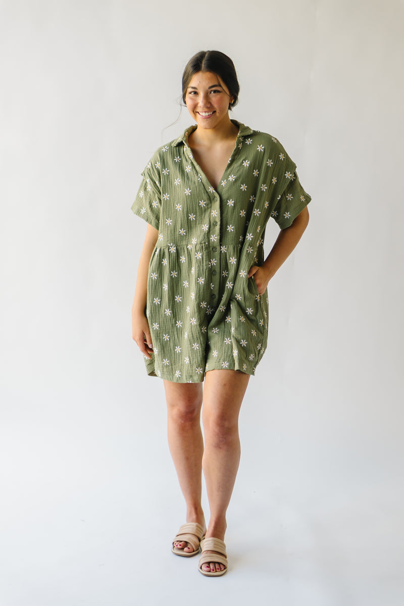 The Galarza Button-Up Floral Romper in Olive Green