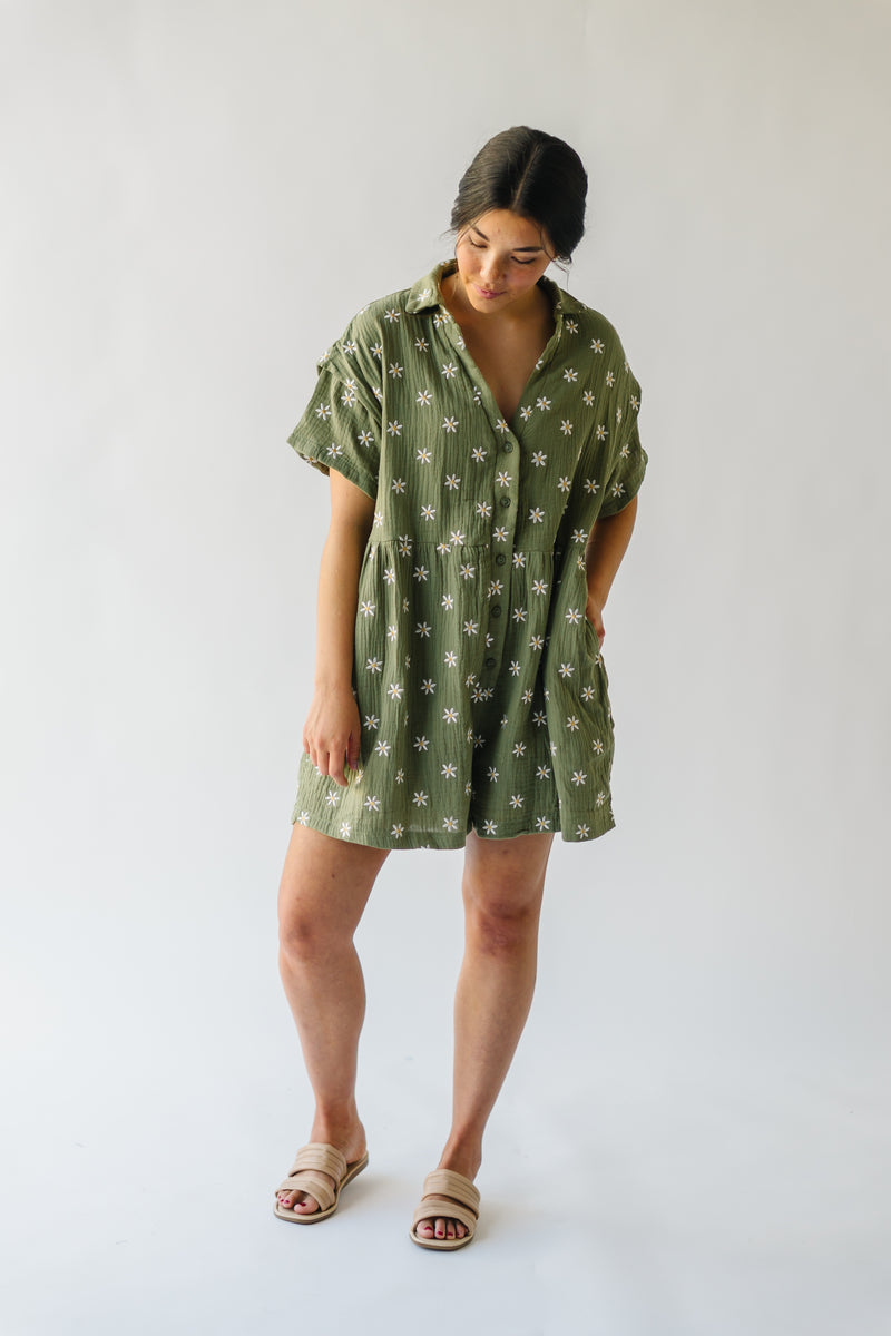 The Galarza Button-Up Floral Romper in Olive Green