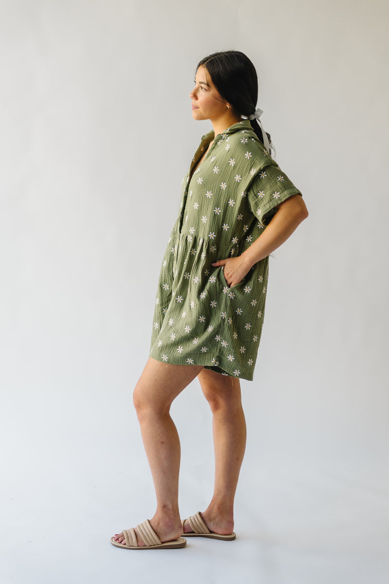 The Galarza Button-Up Floral Romper in Olive Green