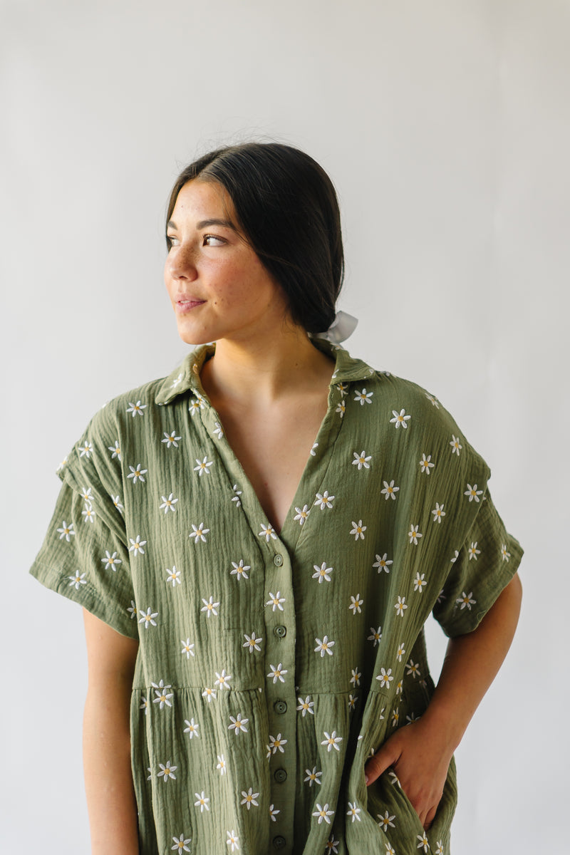 The Galarza Button-Up Floral Romper in Olive Green