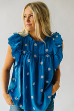 The Covitz Flutter Sleeve Floral Blouse in Blue
