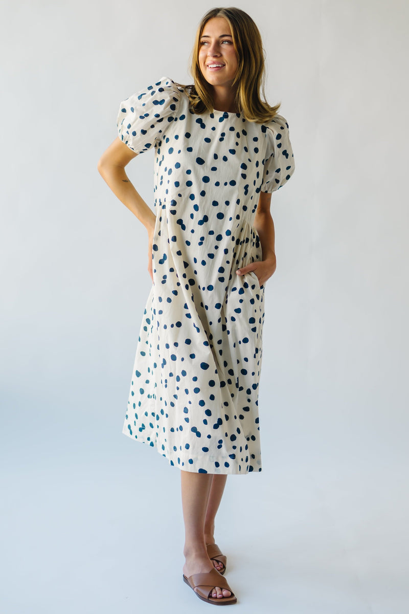 The Brandt Polka Dot Dress in Cream + Navy