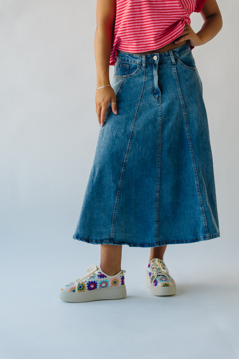 The Bawden Denim Flared Midi Skirt in Blue