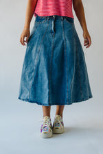 The Bawden Denim Flared Midi Skirt in Blue