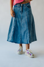 The Bawden Denim Flared Midi Skirt in Blue