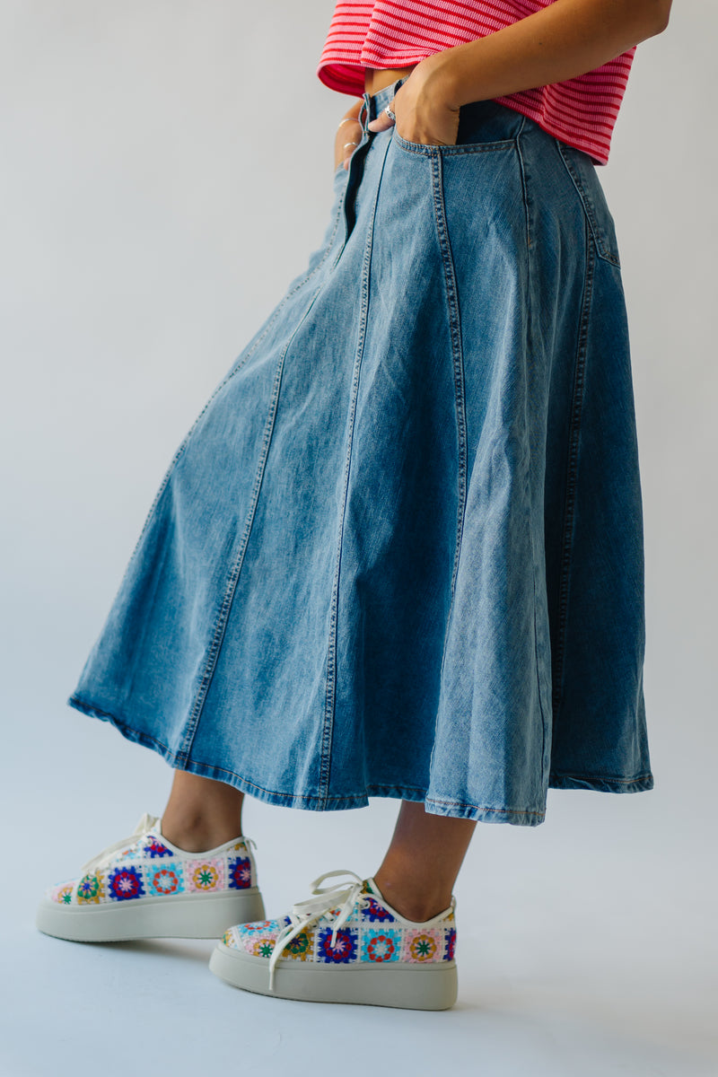 The Bawden Denim Flared Midi Skirt in Blue