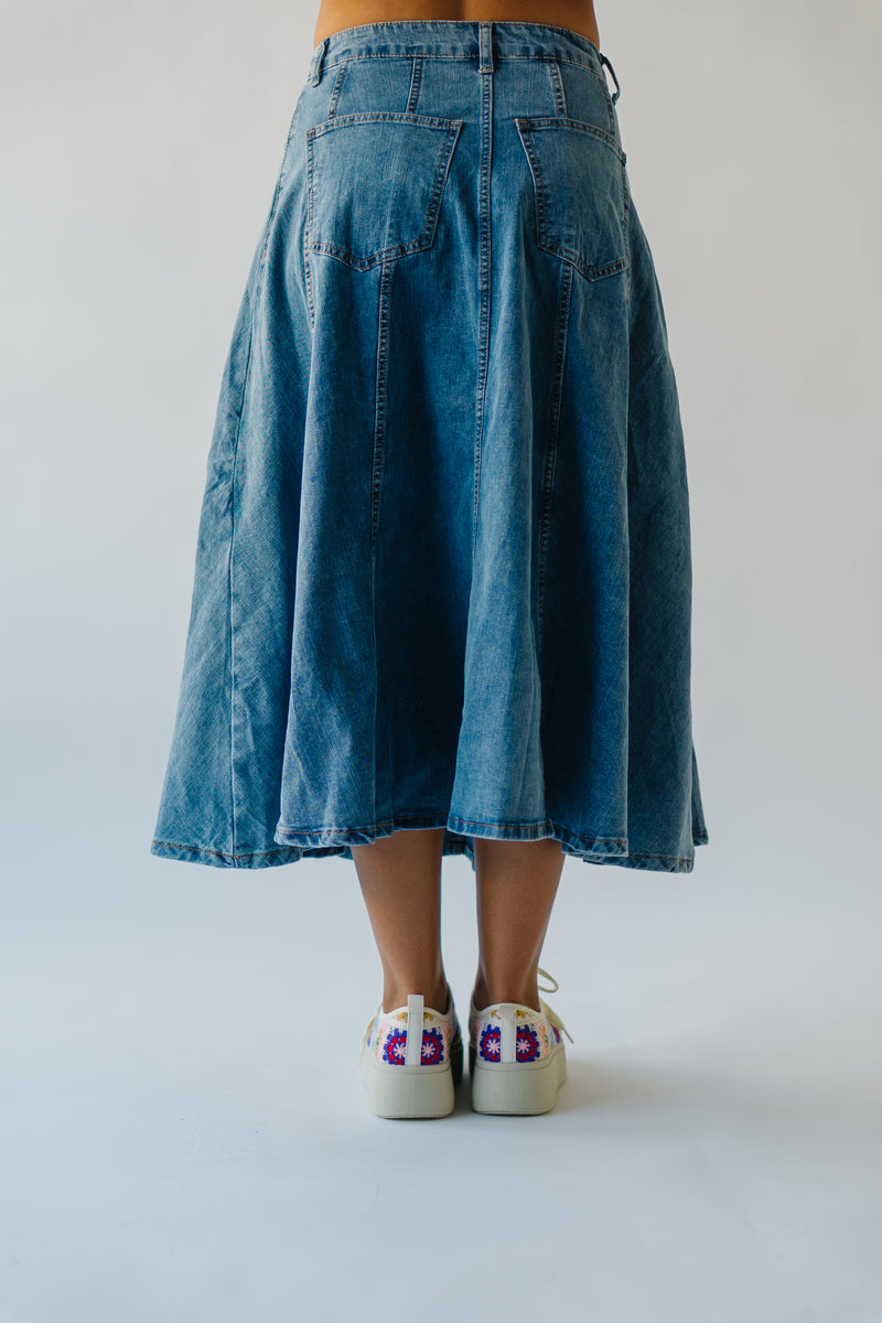 The Bawden Denim Flared Midi Skirt in Blue