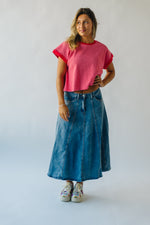 The Bawden Denim Flared Midi Skirt in Blue