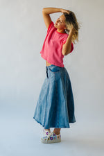 The Bawden Denim Flared Midi Skirt in Blue