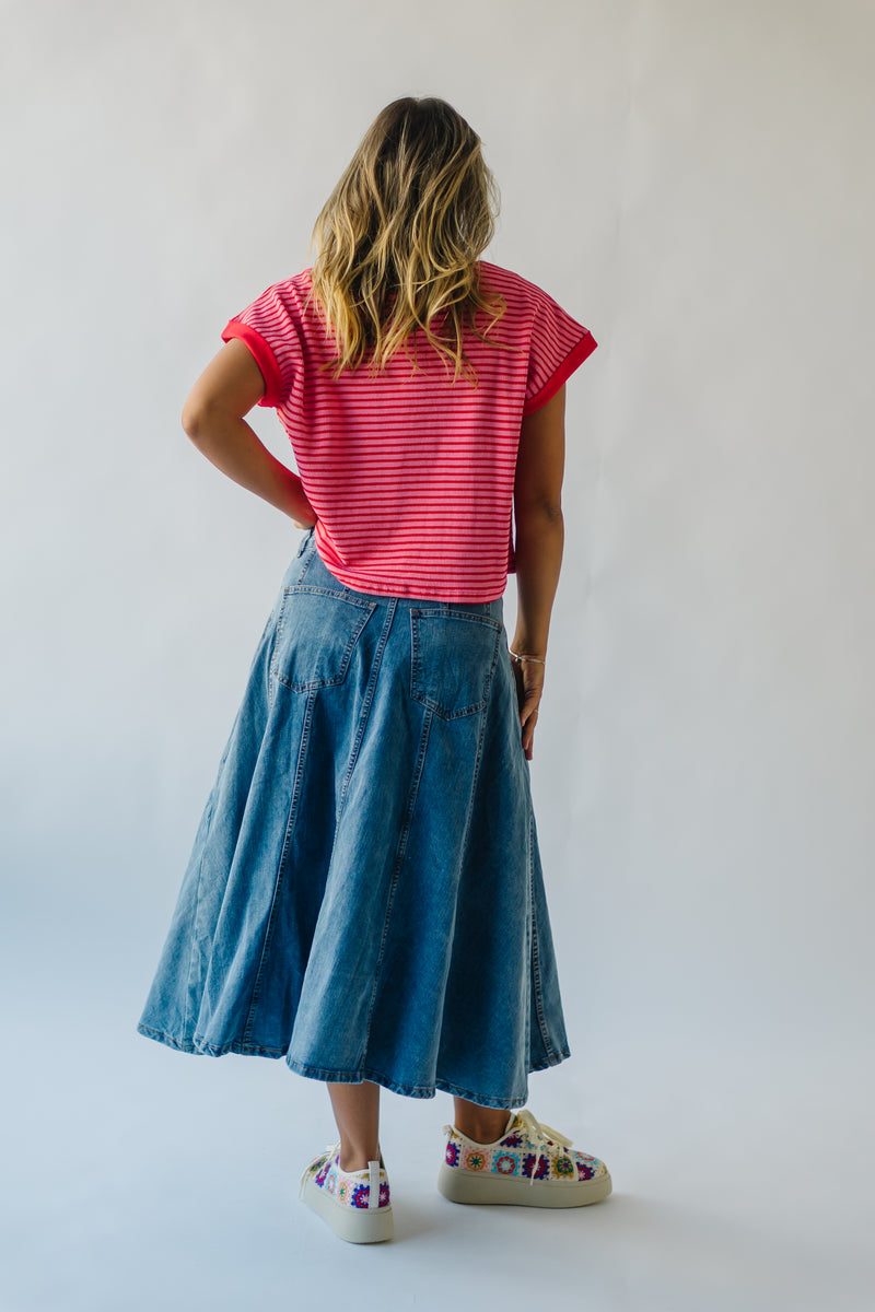 The Bawden Denim Flared Midi Skirt in Blue