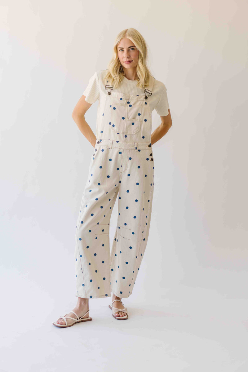 The Mattingly Polka Dot Barrel Overall in Cream + Navy