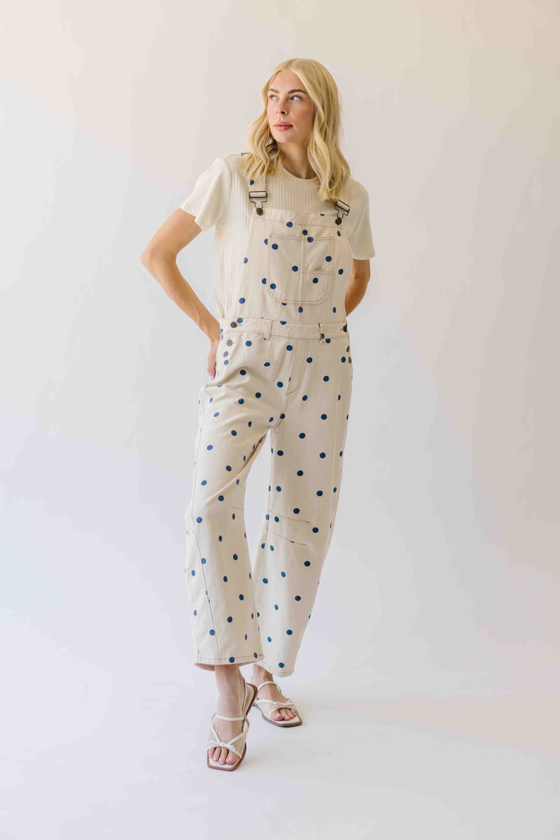 The Mattingly Polka Dot Barrel Overall in Cream + Navy