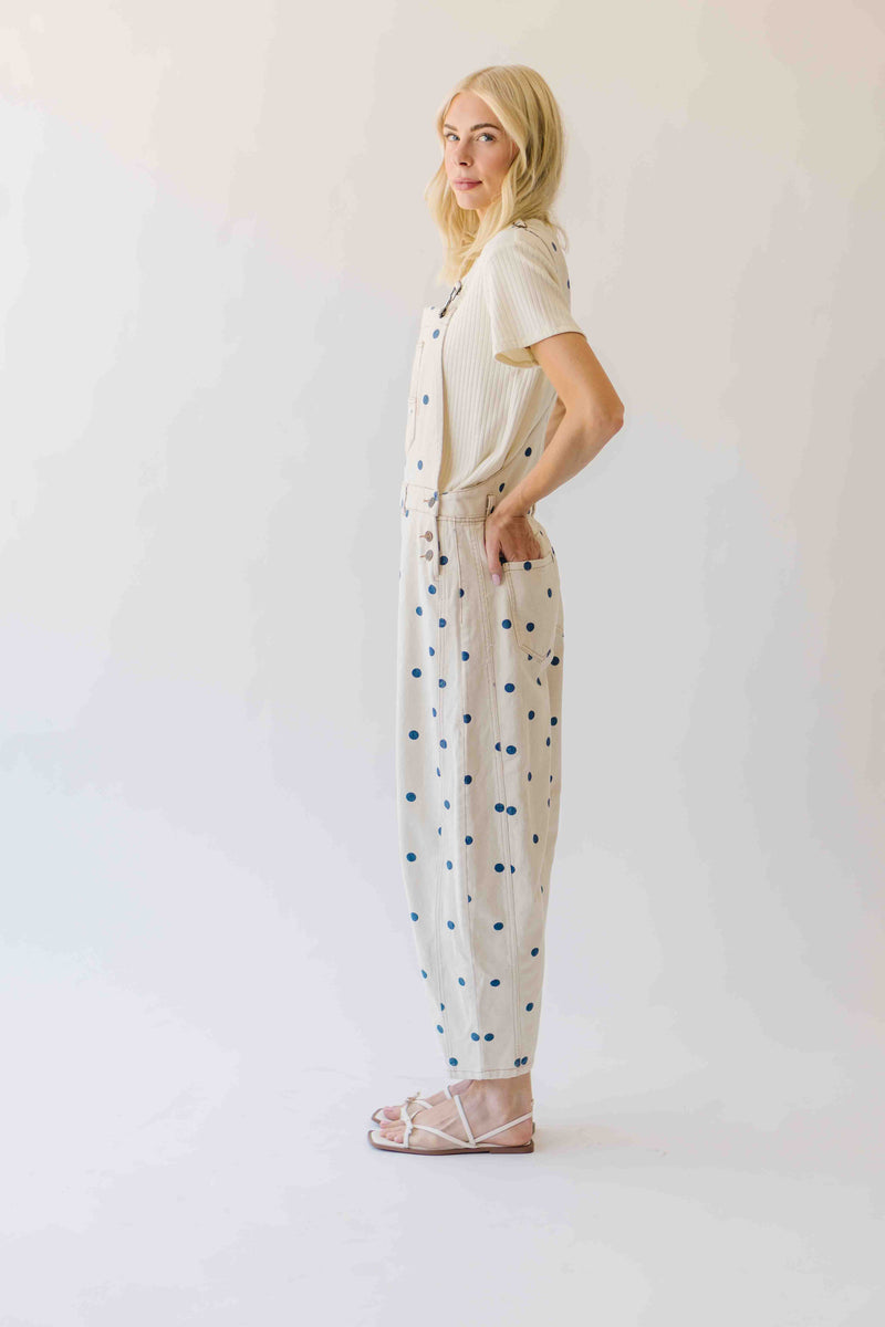 The Mattingly Polka Dot Barrel Overall in Cream + Navy