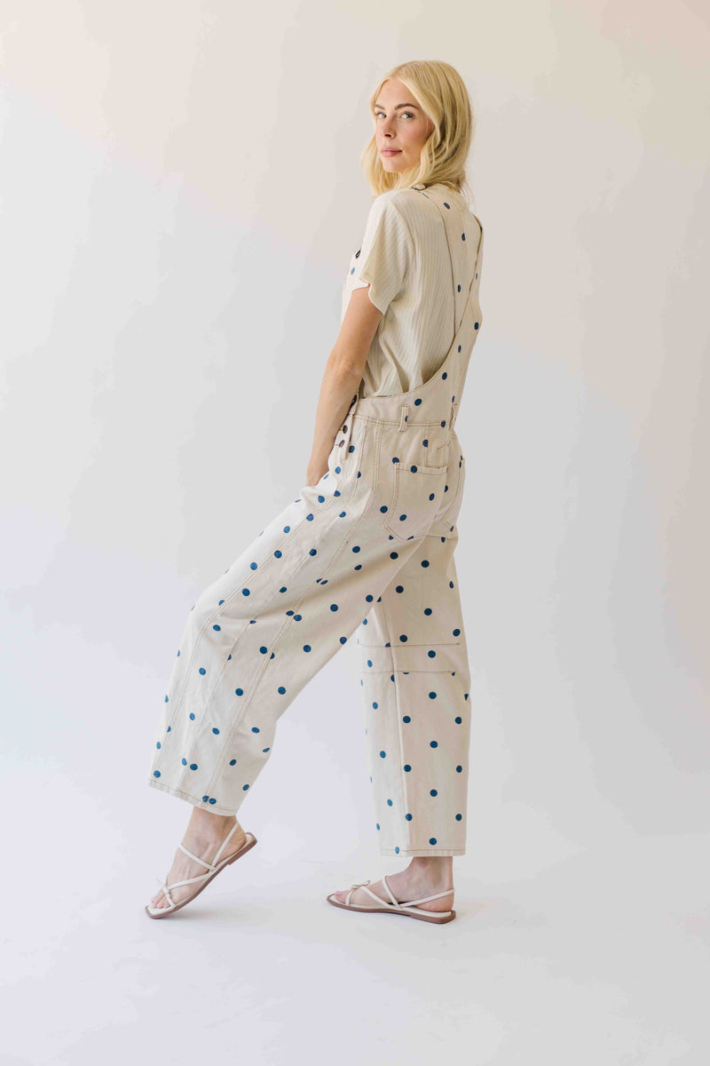 The Mattingly Polka Dot Barrel Overall in Cream + Navy