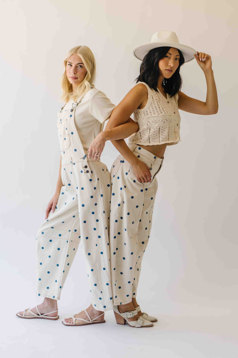The Mattingly Polka Dot Barrel Overall in Cream + Navy