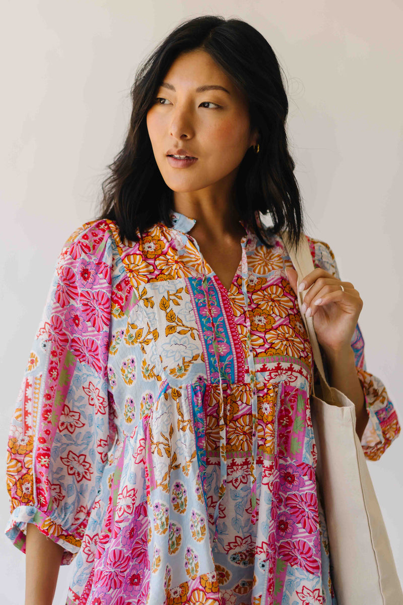 The Ember Patchwork Dress in Pink + Blue
