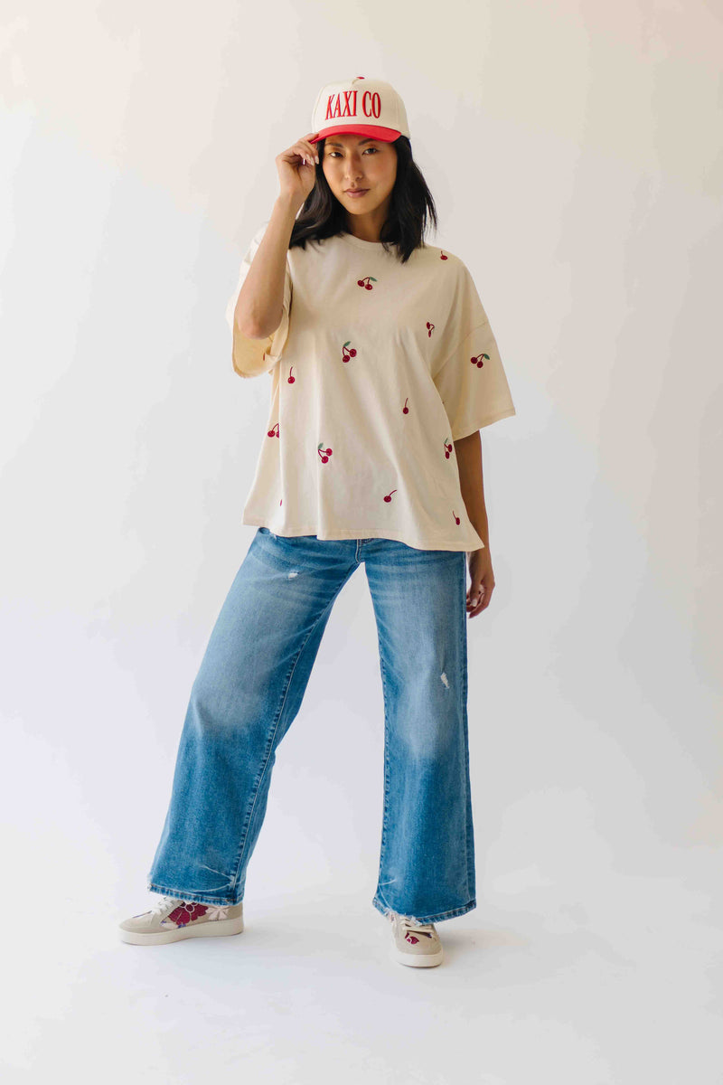 The Franca Cherry Embroidered Tee in Beige