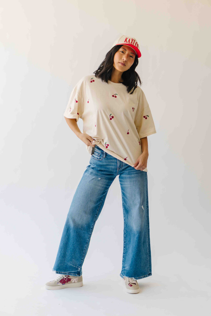 The Franca Cherry Embroidered Tee in Beige