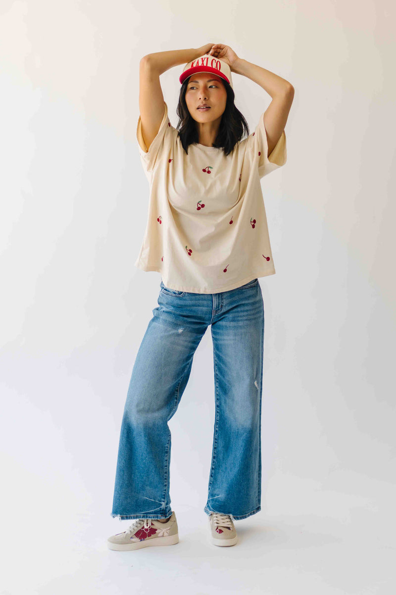 The Franca Cherry Embroidered Tee in Beige