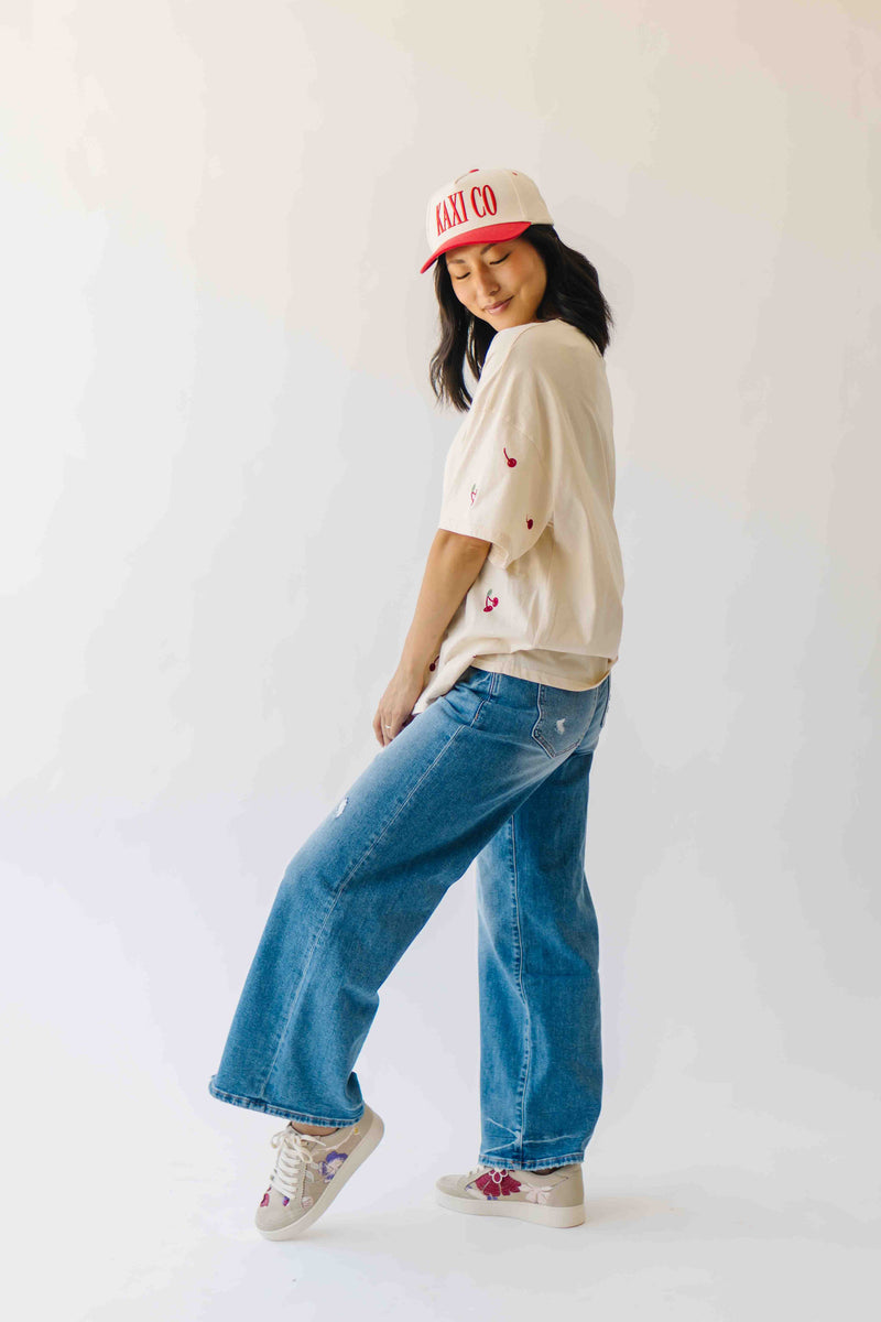 The Franca Cherry Embroidered Tee in Beige