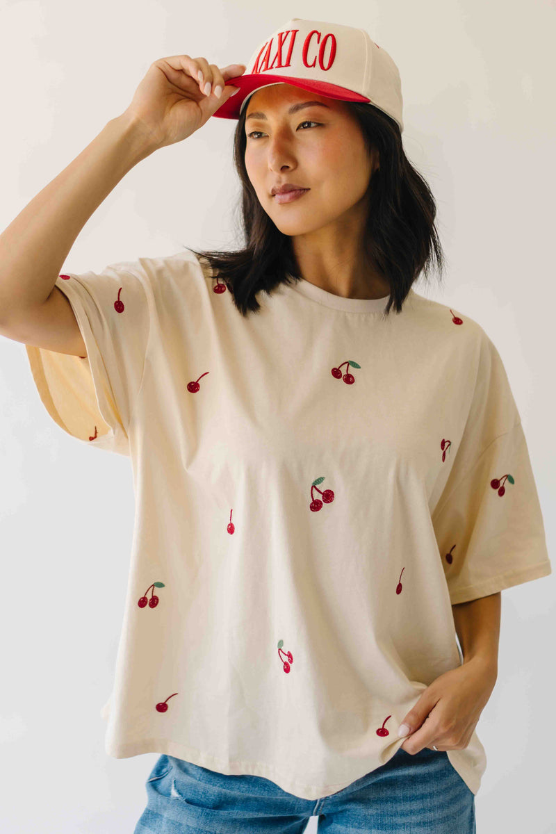 The Franca Cherry Embroidered Tee in Beige