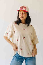 The Franca Cherry Embroidered Tee in Beige