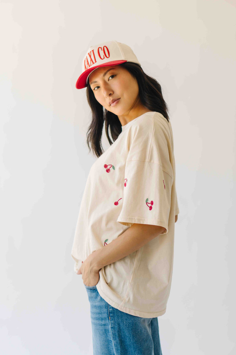 The Franca Cherry Embroidered Tee in Beige