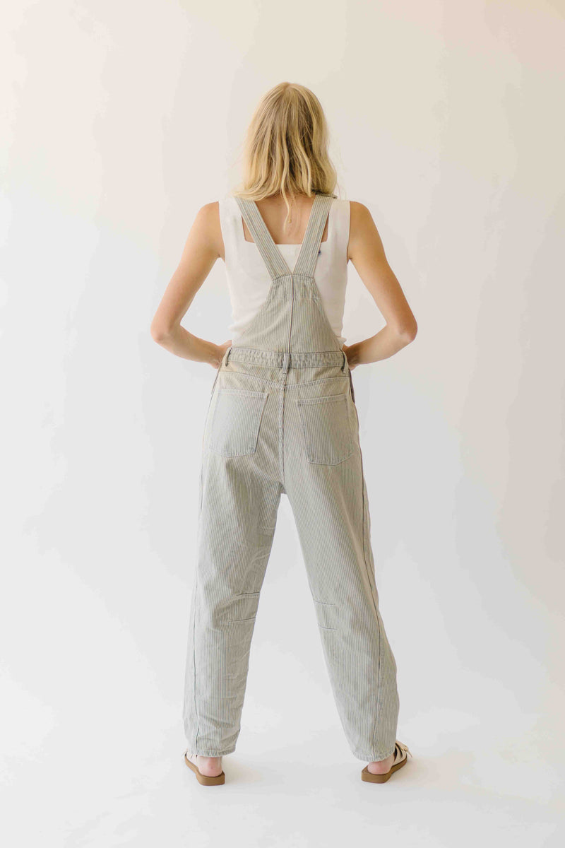 The Luma Striped Barrel Leg Overall in Denim