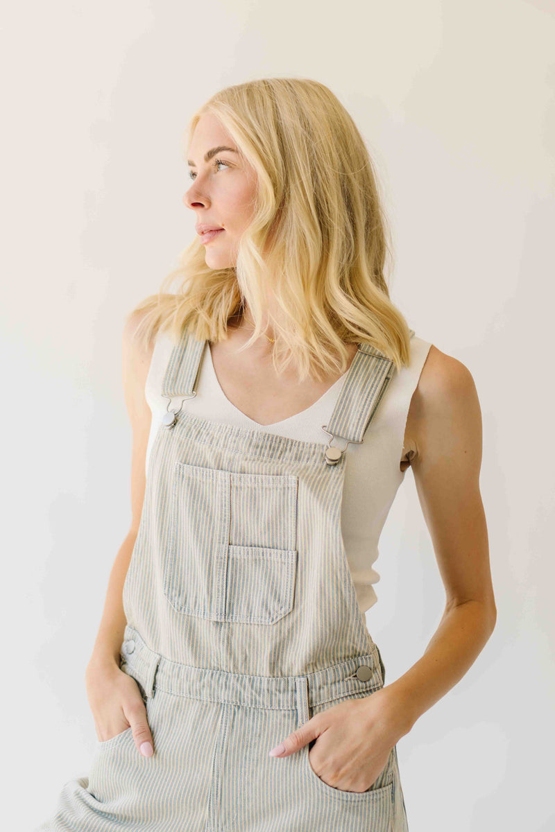 The Luma Striped Barrel Leg Overall in Denim