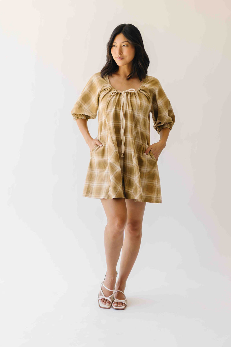The Maloney Plaid Tie Romper in Camel