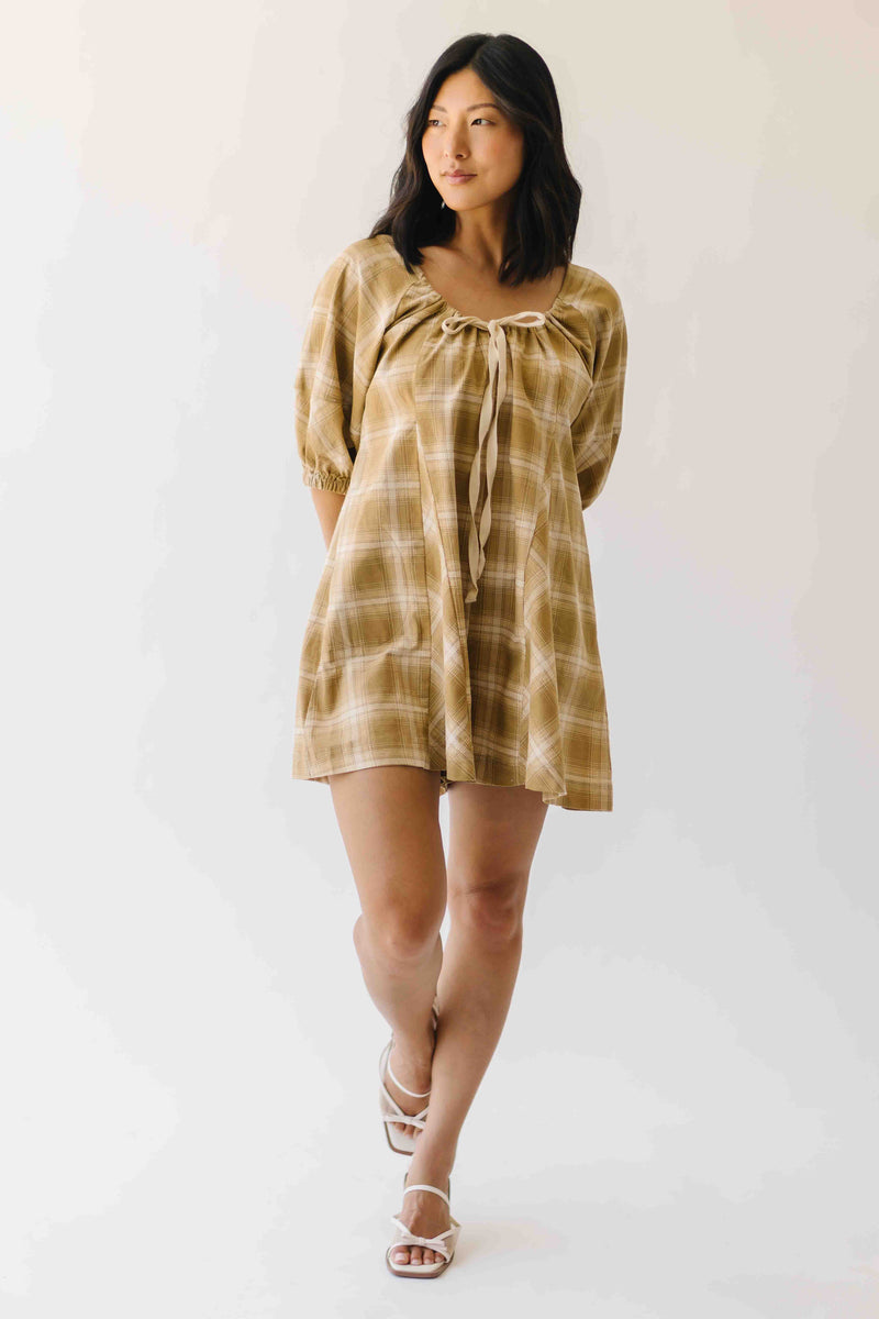 The Maloney Plaid Tie Romper in Camel