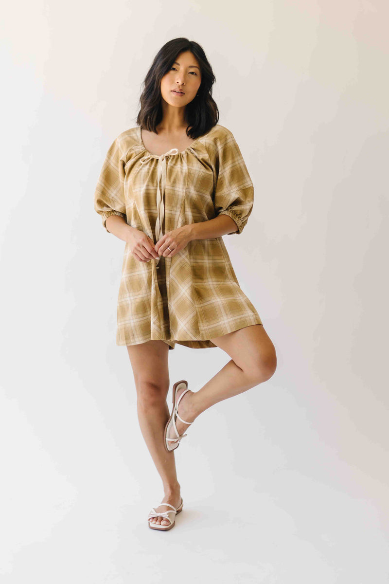 The Maloney Plaid Tie Romper in Camel