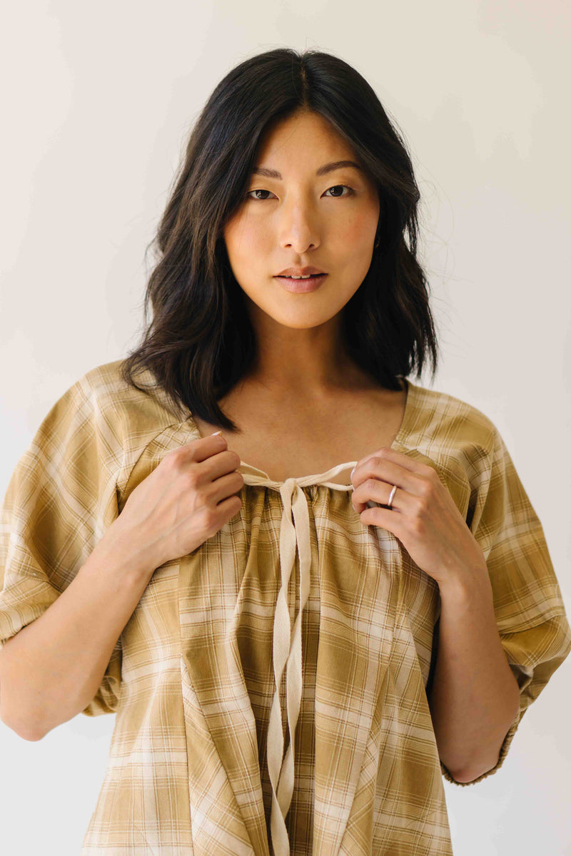 The Maloney Plaid Tie Romper in Camel