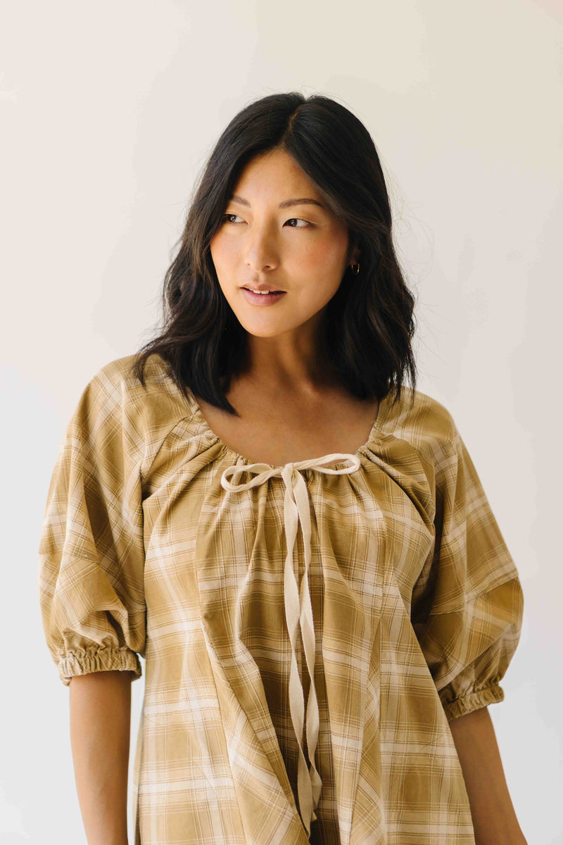 The Maloney Plaid Tie Romper in Camel