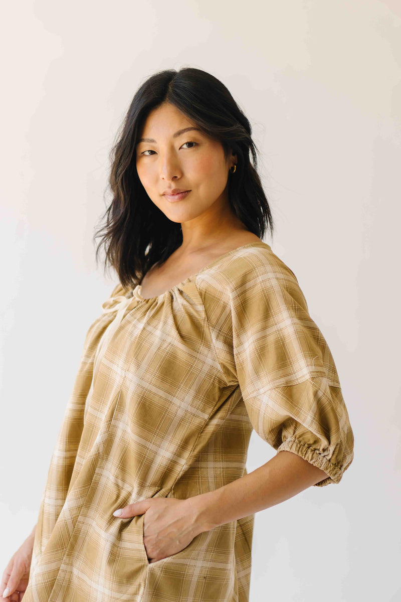 The Maloney Plaid Tie Romper in Camel