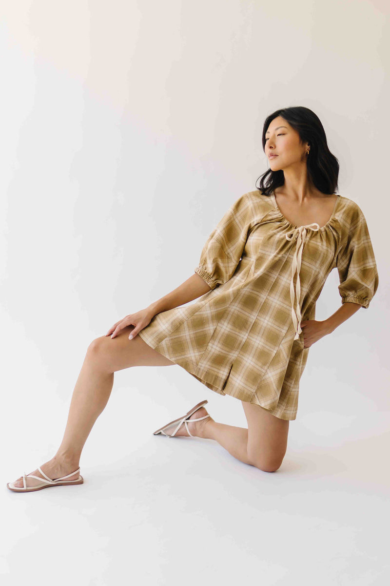 The Maloney Plaid Tie Romper in Camel