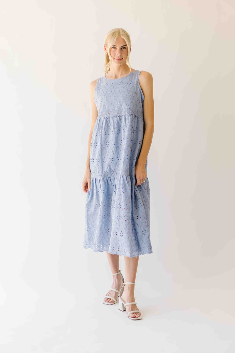 The Joslyn Eyelet Tiered Midi Dress in Slate Blue