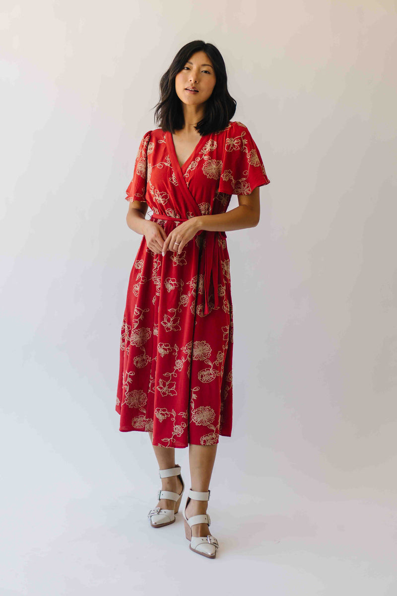 The Tressa Embroidered Detail Midi Dress in Red