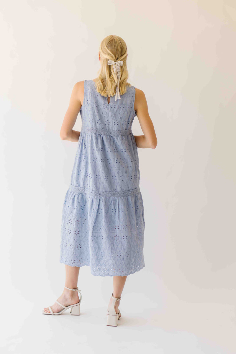 The Joslyn Eyelet Tiered Midi Dress in Slate Blue