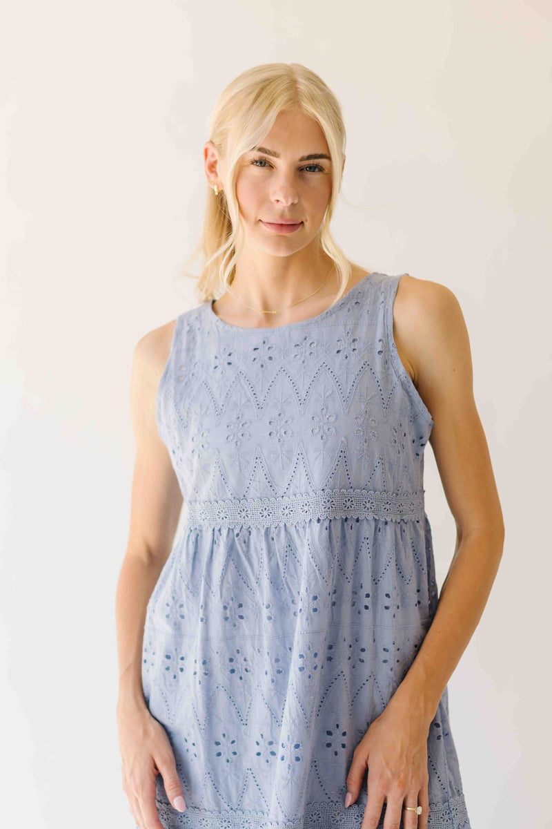 The Joslyn Eyelet Tiered Midi Dress in Slate Blue