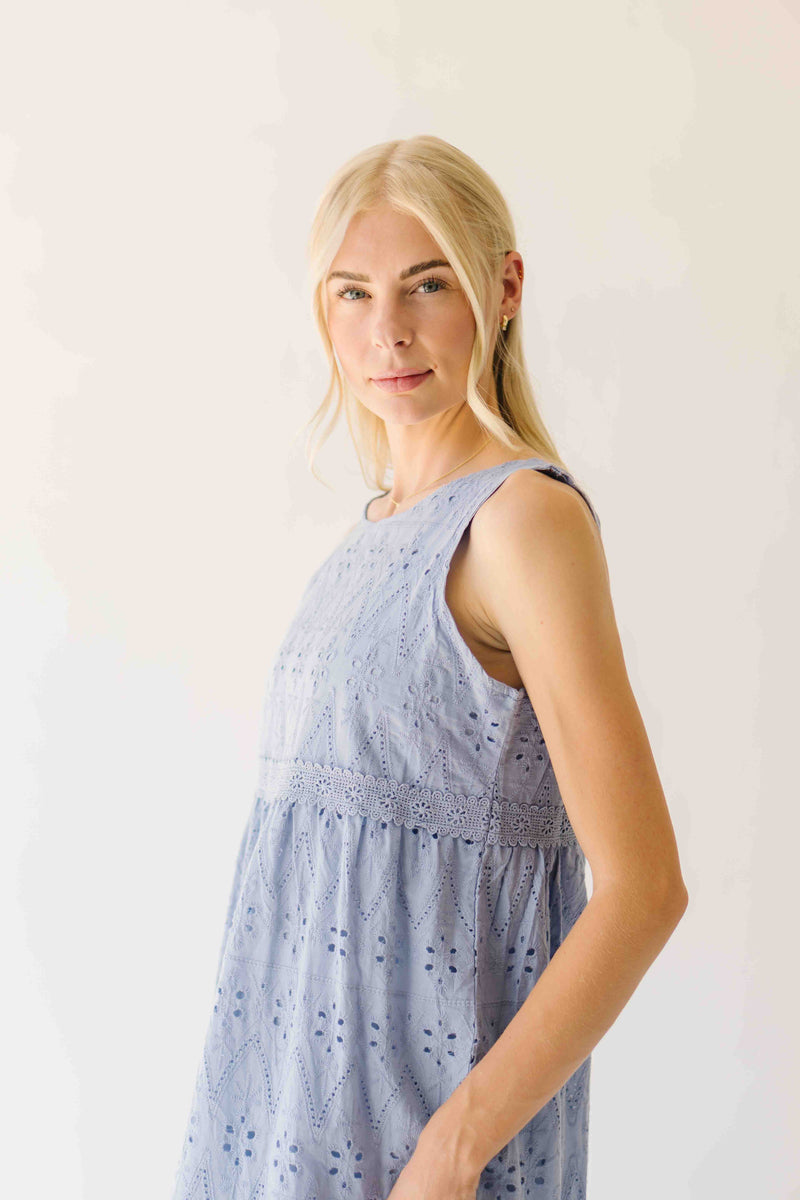 The Joslyn Eyelet Tiered Midi Dress in Slate Blue
