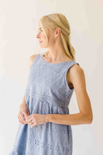 The Joslyn Eyelet Tiered Midi Dress in Slate Blue