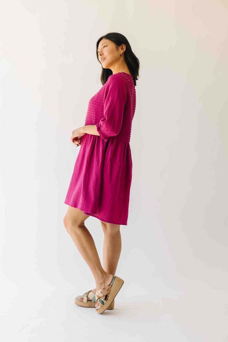 The Darwin Peasant Sleeve Dress in Magenta