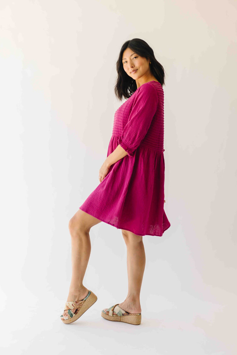 The Darwin Peasant Sleeve Dress in Magenta