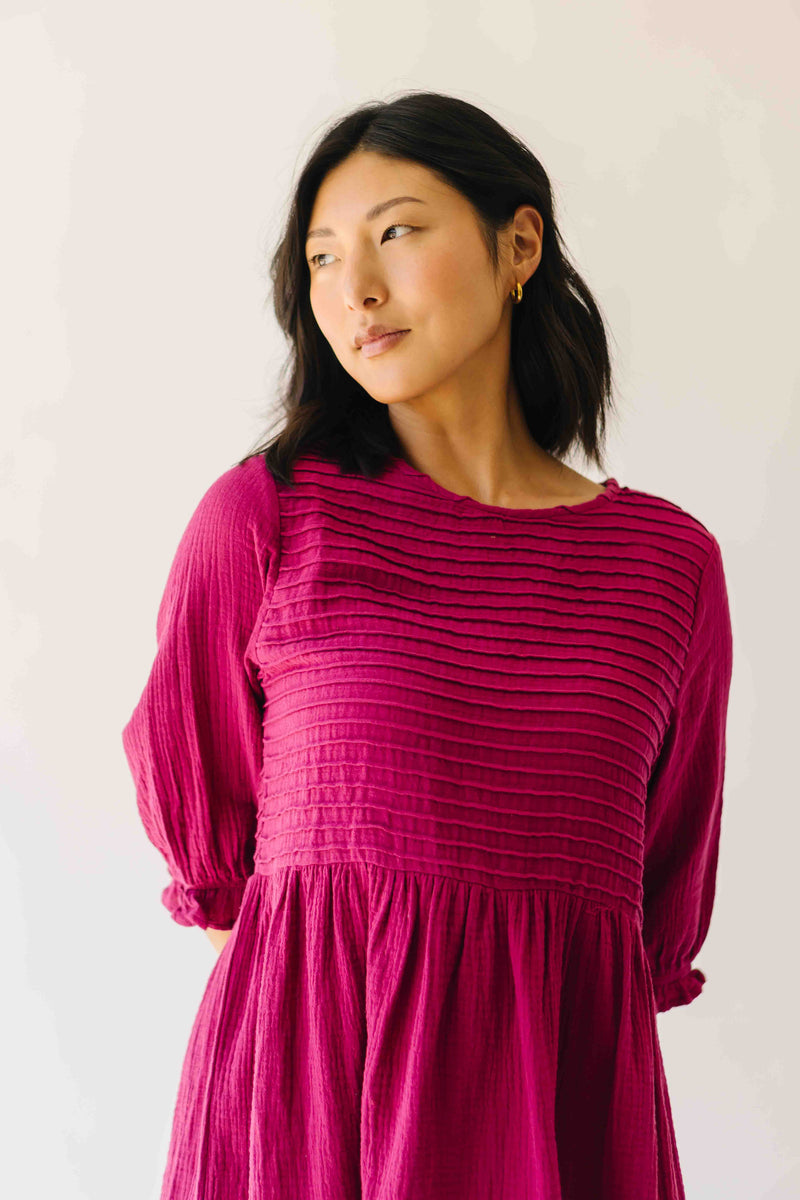 The Darwin Peasant Sleeve Dress in Magenta