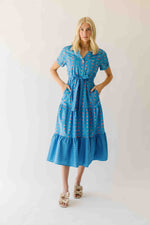 The Nellah Tiered Button-Up Midi Dress in Blue Stripe