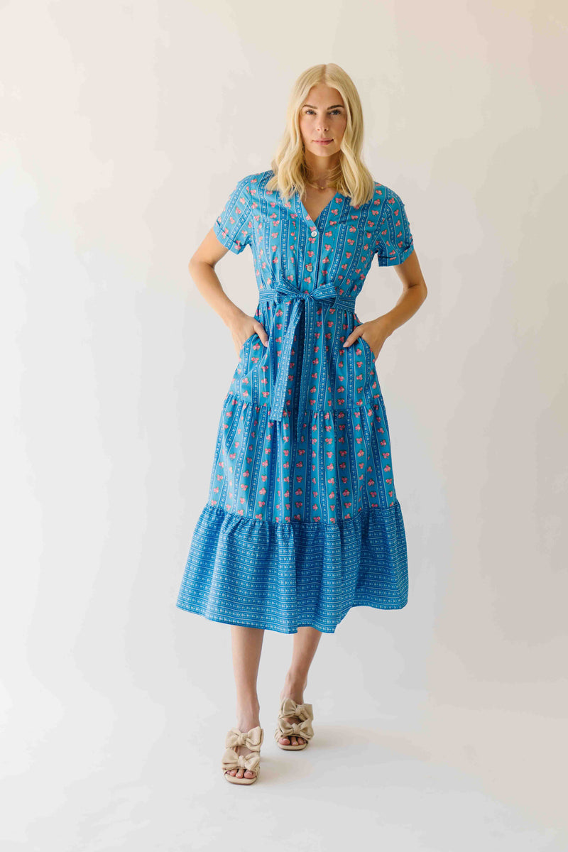The Nellah Tiered Button-Up Midi Dress in Blue Stripe