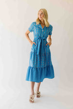 The Nellah Tiered Button-Up Midi Dress in Blue Stripe