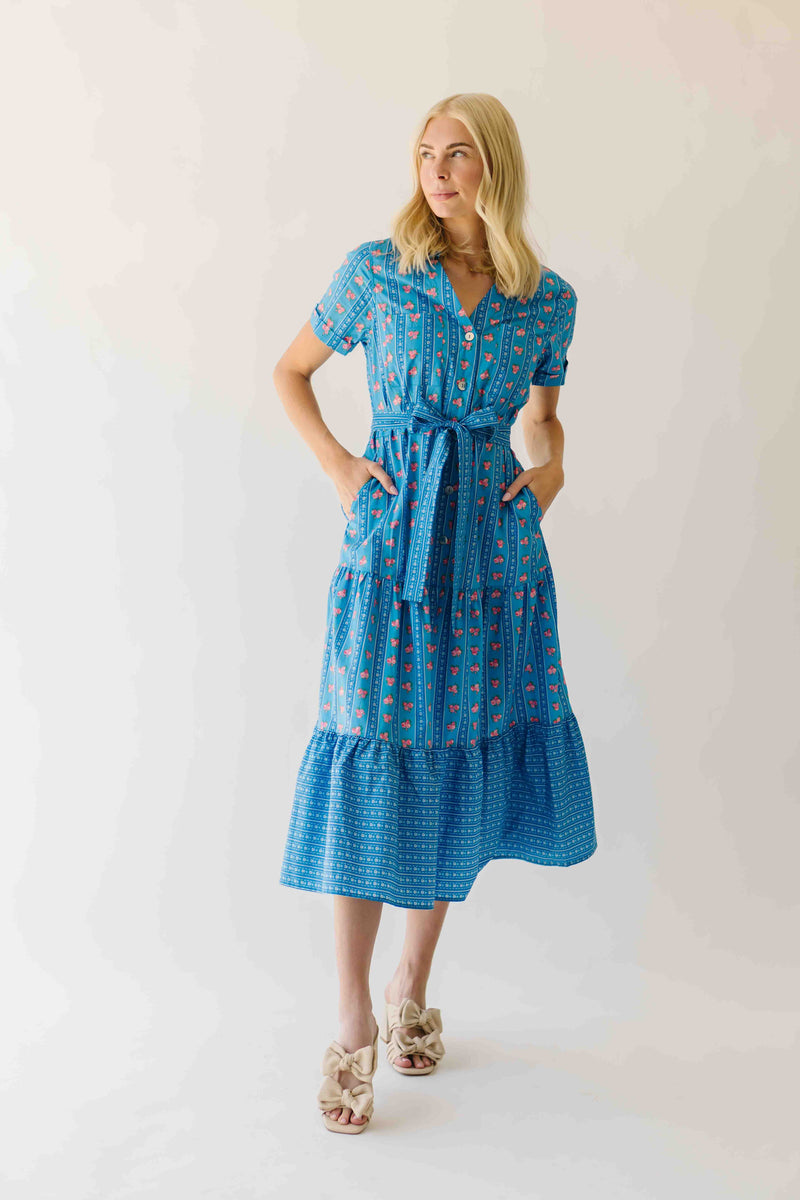 The Nellah Tiered Button-Up Midi Dress in Blue Stripe
